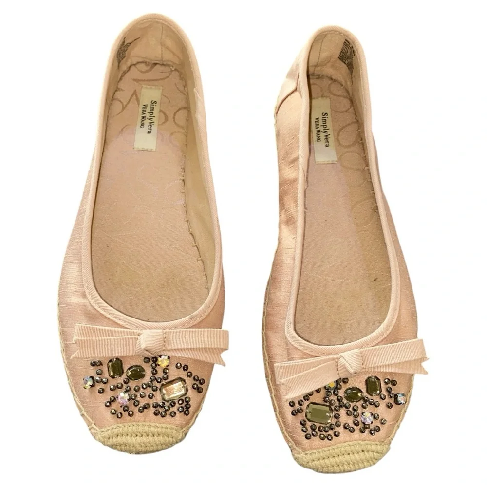Simply Vera-Vera Wang Pink Fabric Jeweled Ballet Flat Espadrille Sz 7.5-8